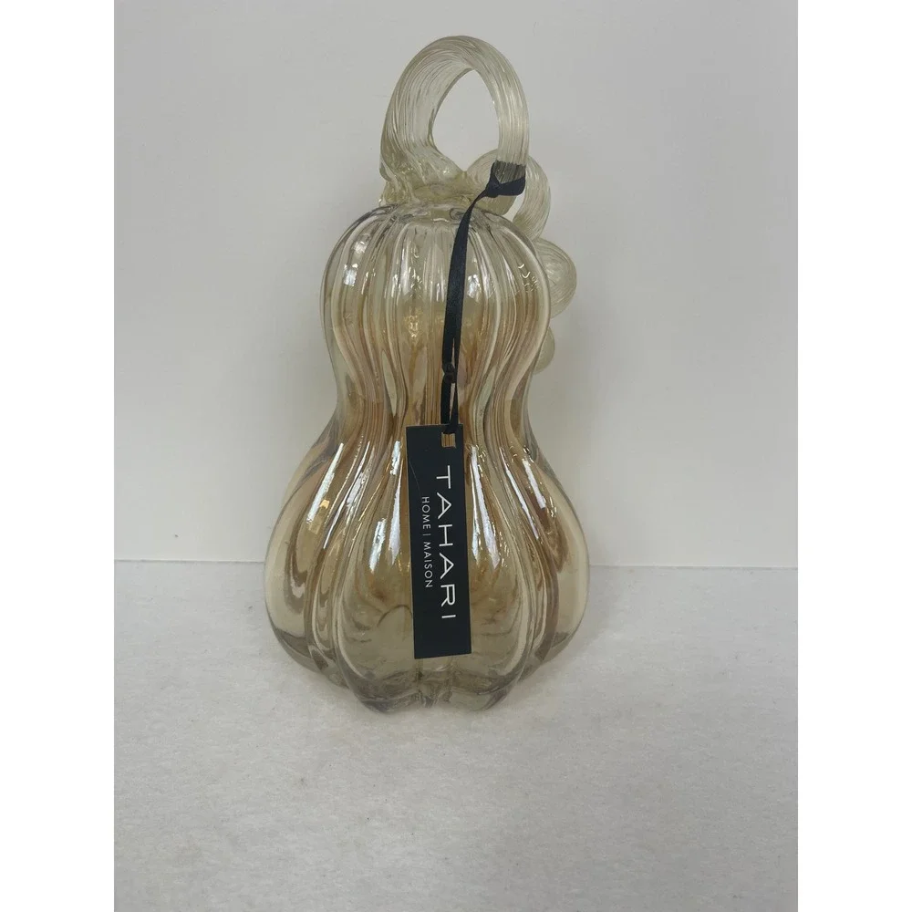Tahari Home Glass Pumpkin Gourd Champagne Amber Ribbed Luster Fall Decor NEW